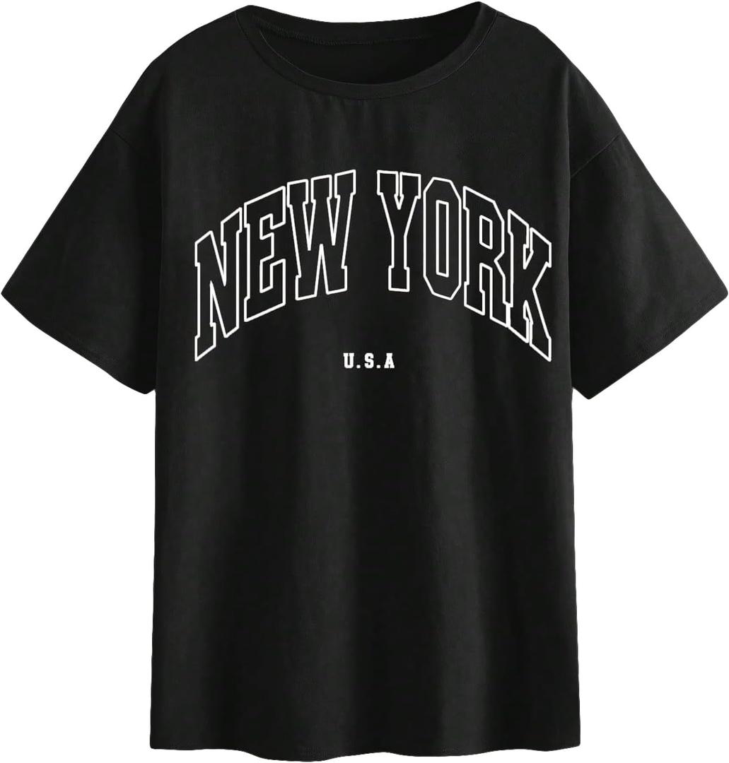 SOLY HUX Women's Graphic Oversized Tees Letter Print Summer Tops Vintage Half Sleeve Loose Casual T Shirts (Large)