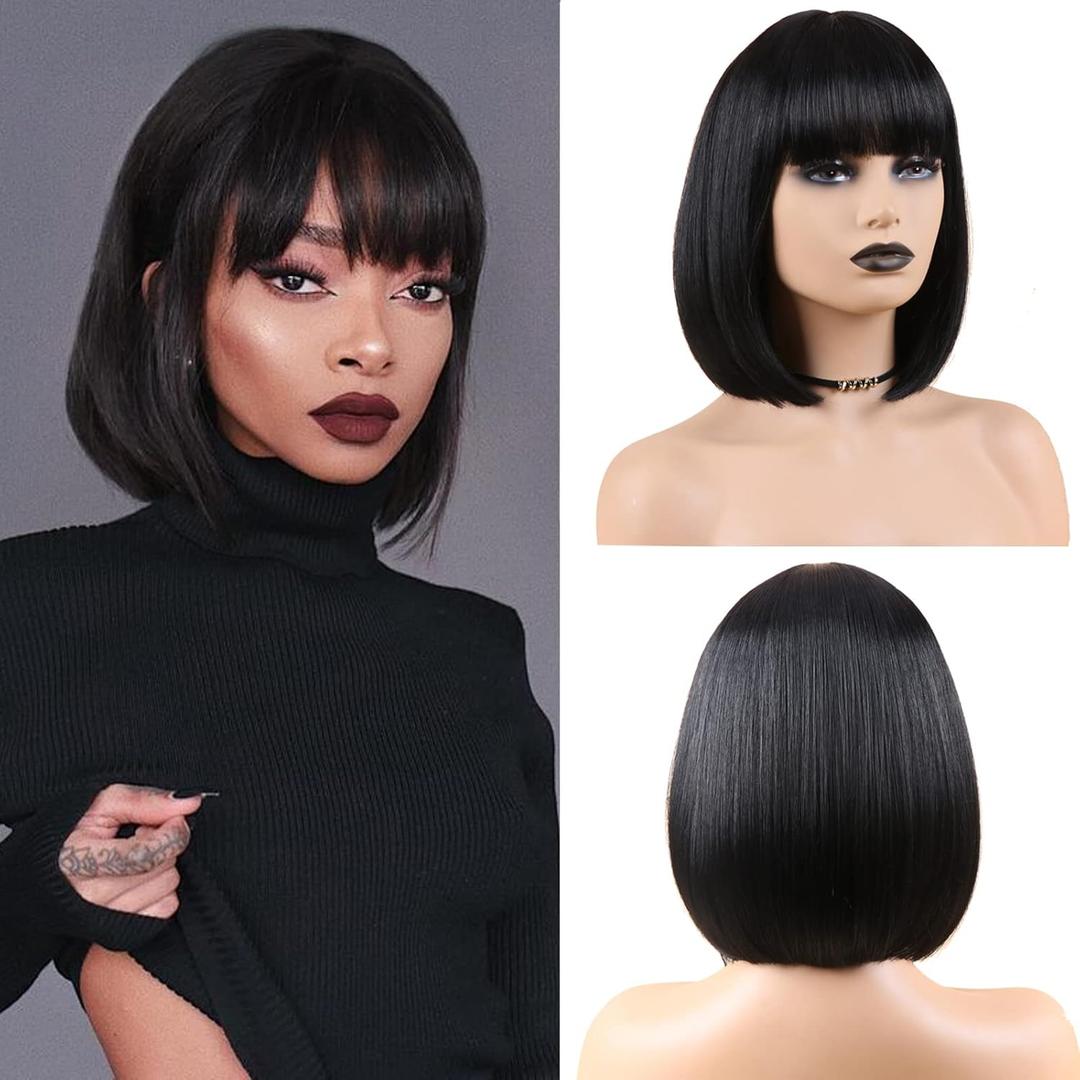 Black Bob Wig with Bangs Short Bob Wigs for Women Straight Bob Wig 12 Inch Synthetic Colorful Wigs Cosplay Party Daily Wig
