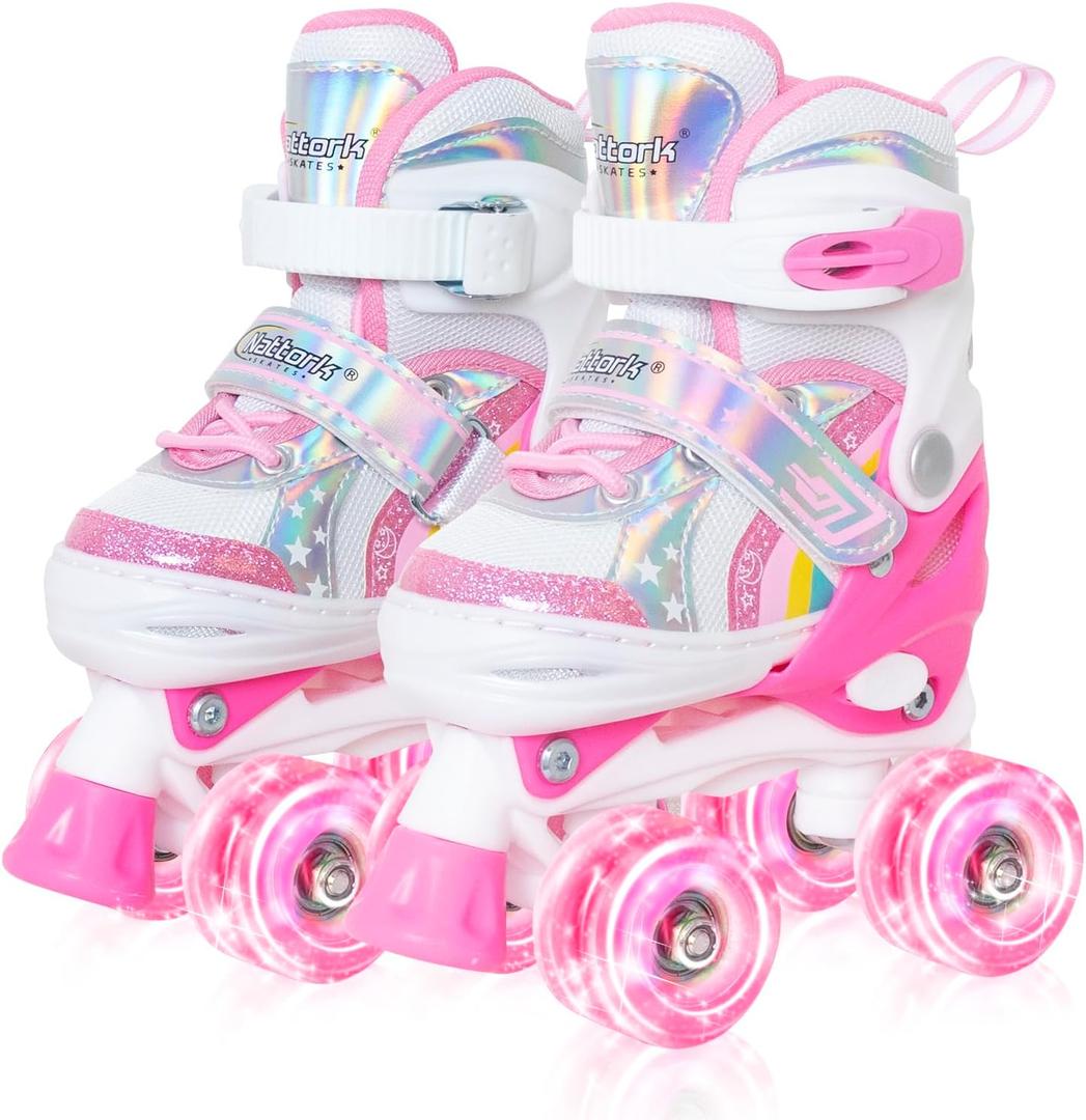Nattork Girls Roller Skates for Kids, 4 Size Adjustable Rainbow Quad Skates with All Light Up Wheels - Best Birthday Gift for Outdoor Sports (Medium(1-4), PeachPink)