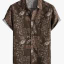 Men's Cotton Linen Vintage Pattern Printed Old Style Shirt Casual Short Sleeve Button Down Retro Shirts XL