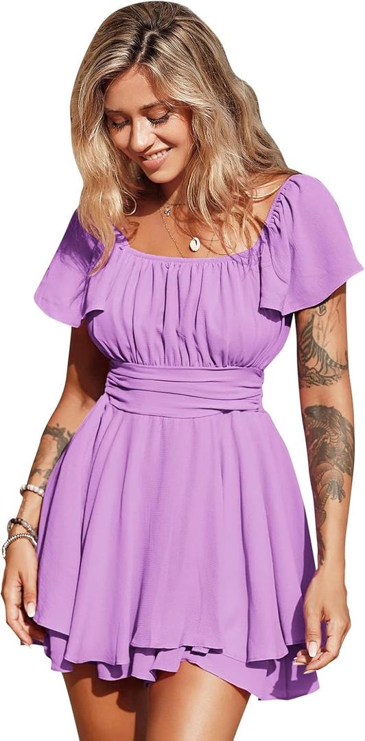 EXLURA Women's 2025 Summer Ruffle Short Sleeve Tie Back Romper Dress Square Neck A Line Cute Dressy Short Jumpsuits (Purple) XL