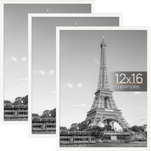  upsimples 12x16 Picture Frame White 3 Pack, Scratch-Proof Poster Frames 12 x 16 for Photo Gallery - Slide-In Strips, Horizontal or Vertical Wall Mounting, White