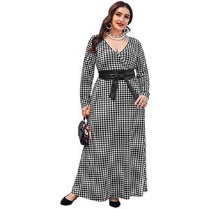 WDIRARA Women's Plus Size Houndstooth Print Round Neck 3/ 4 Sleeve Tie Belted Maxi Dress Black and White One 2XL