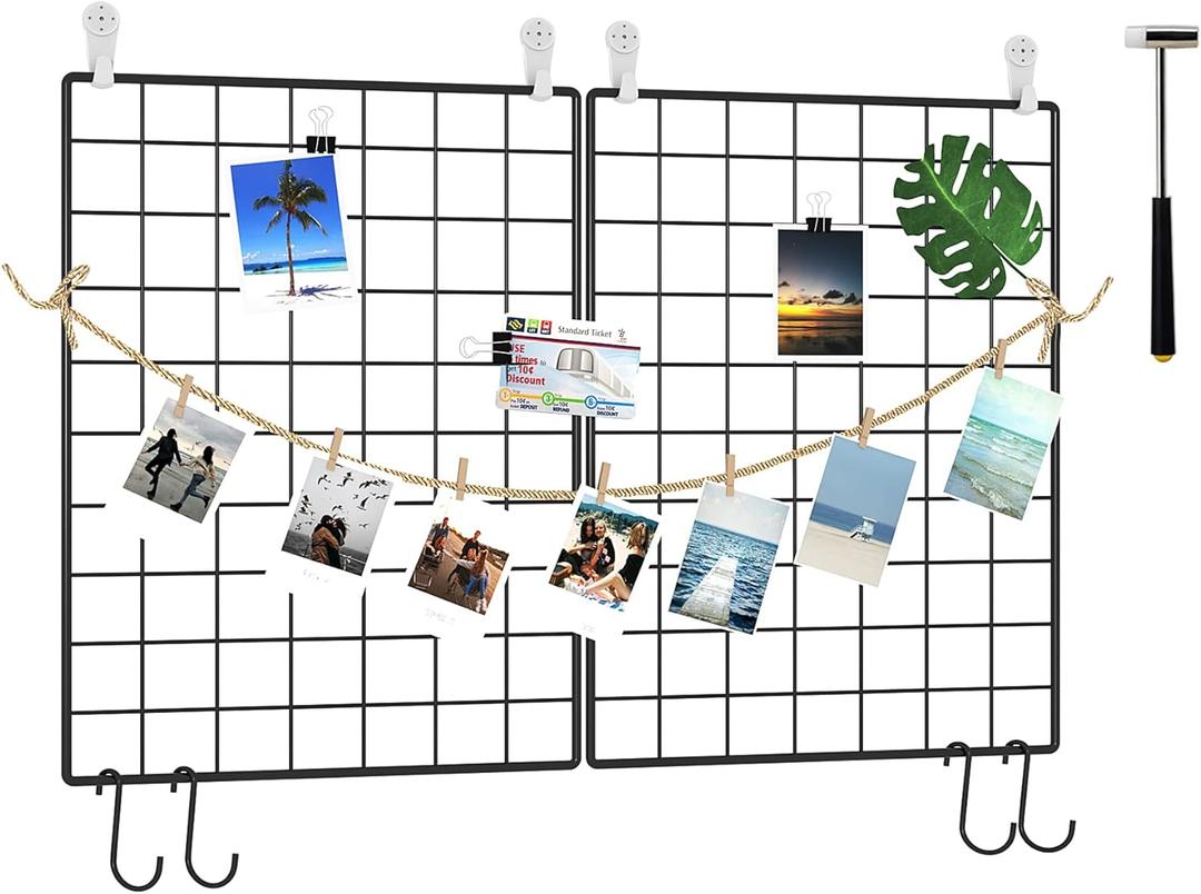 C&AHOME Photo Wall Grid Panel Set of 2, Decor Grid Panel, Photo Display Shelves, Hooks, Clips, Hemp Cord, Hammer, 15.7" 11.8", Black UWWGM3402B