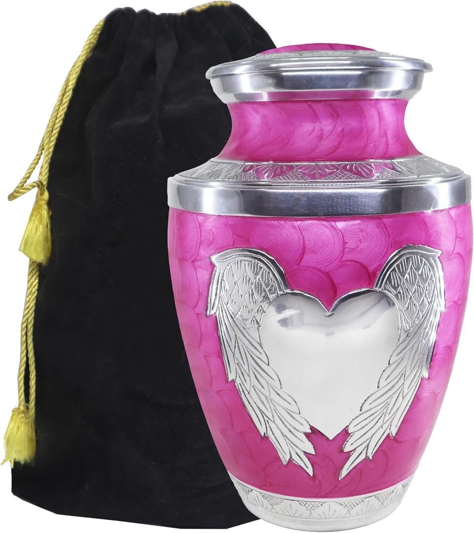 M MEILINXU Urn for Ashes for Woman & Male, Cremation Urns for Human Ashes Adult Female & Man, Burial Urns, Decorative Urns for Funeral, Silver Angel Wings and Heart-Shaped, Pink Urn for Woman -Large