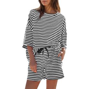 Fisoew Womens Striped 2 Piece Outfits Sweatsuits 3/4 Sleeve Oversized Tops High Waisted Shorts Casual Lounge Sets (Black)