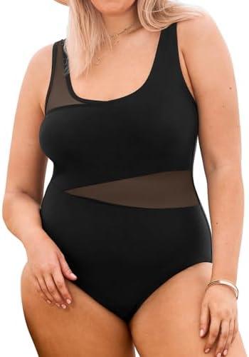 CUPSHE Plus Size Women's One Piece Swimsuit Scoop Neck Adjustable Straps Bathing Suit Mesh Swimwear, XL