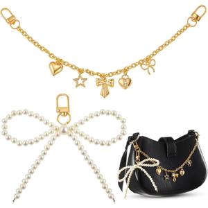 Tondiamo 2 Pcs Bow Bag Charm Pearl Keychain Gold Bow Heart Pendant Purse Bag Chain Bowknot Extender Replacement Purse Charms Accessories for Women Handbag