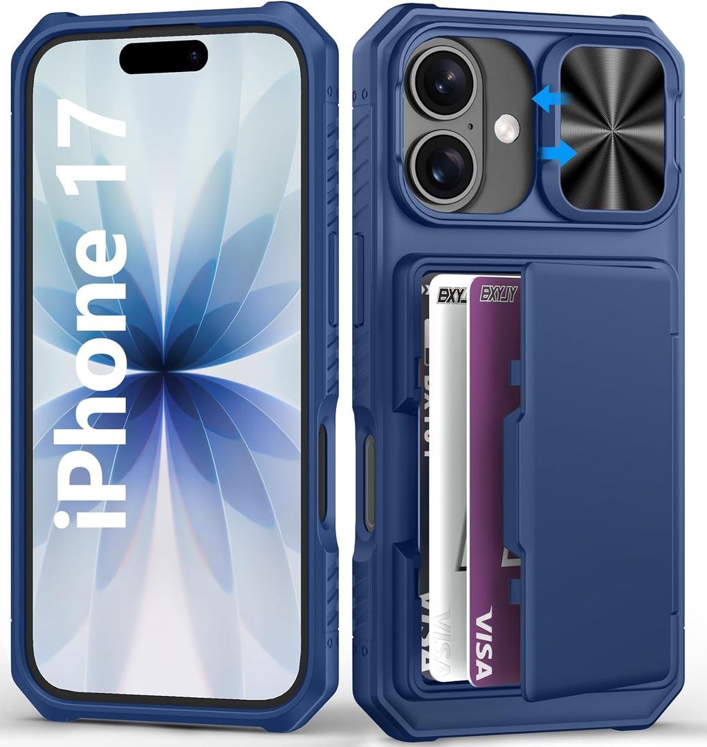 for iPhone 17 Case Wallet with Card Holder (4-5 Cards), Slide Camera Cover, Military Grade Drop Shockproof, Heavy Duty Rugged Women Men Protective Phone Case for iPhone 17 6.3" 2025, Blue