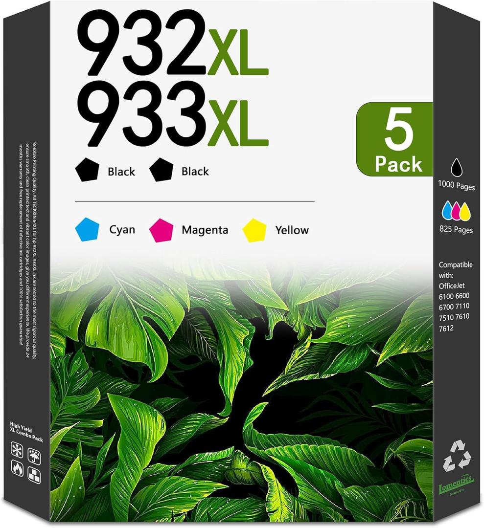 932XL 933XL Ink Cartridges Combo Pack (5 Pack,2Black/1Cyan/1Magenta/1Yellow) - LOMENTI Compatible 932XL 933XL Ink Cartridge Replacement for Officejet 6100 6600 6700 7110 7610 7612 Printer