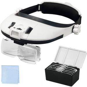 Large Lens Head Magnifier Headband Magnifying Glass with Light Hands free 8 LED Magnifier with White and Yellow Light for Close Work, Crafts, Hobby, Reading, Repairing, Sewing, Jewelry