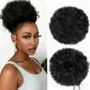 Afro Puff Drawstring Ponytail for Black Women，Short Kinky Curly Clip On Synthetic Afro Ponytail Hair Bun Puffs for Girls (#1B Natural Black)