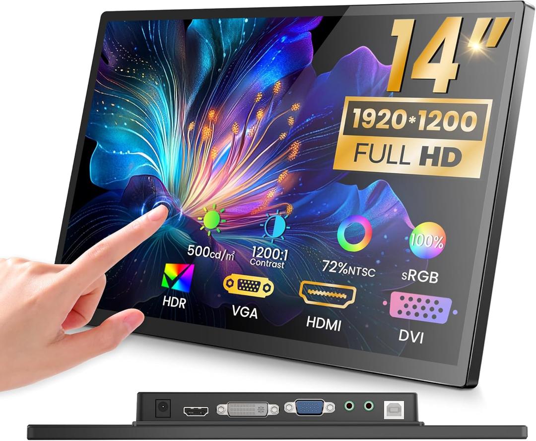 14 inch FHD Portable Touchscreen Monitor with HDMI VGA DVI Ports Compatible with Laptops PC PS5/4, Industrial, POS, Kiosk, Screen Extender 19201200 HDR IPS Small Touch Screen Display 500 nits