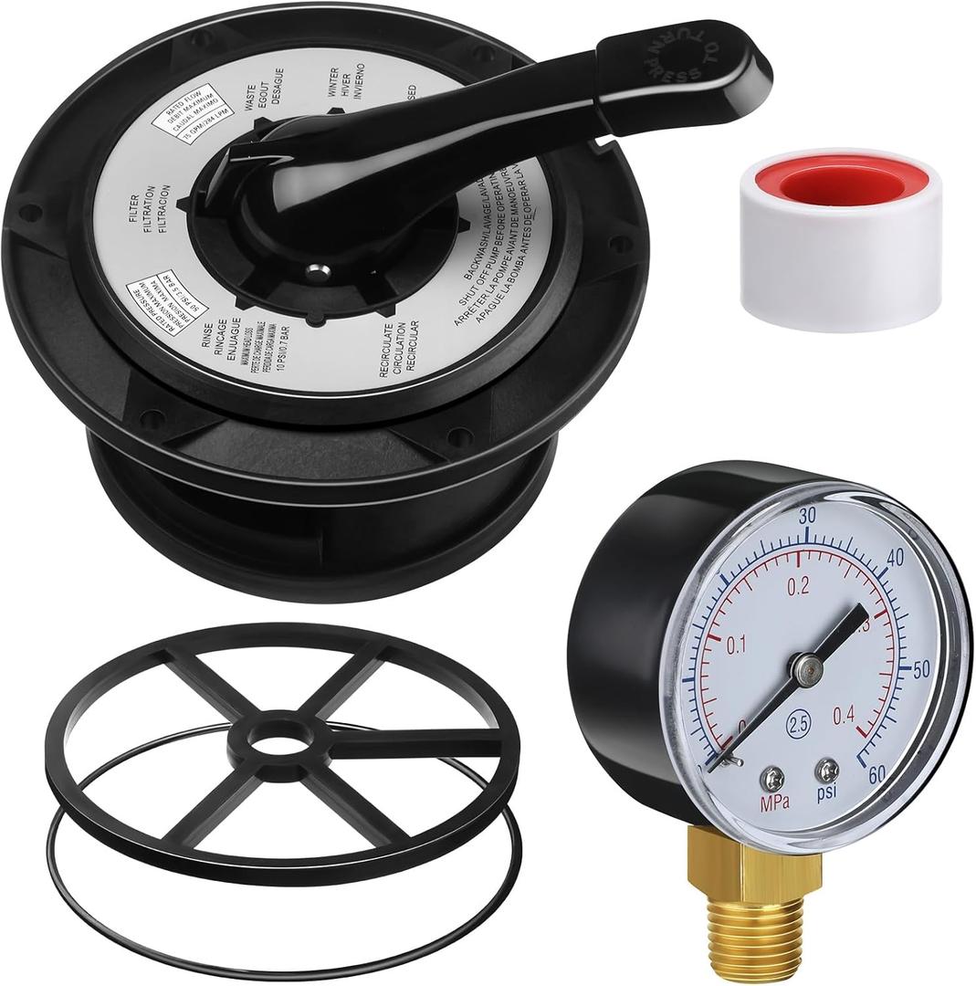 5 Pcs Compatible with Hayward SPX0714BA Key Cover and Handle Assembly with ECX270861 Pressure Gauge Compatible, Replacement Top Mount Multiport Valve Set SPX0710XD Gasket and CLX200K O-Ring