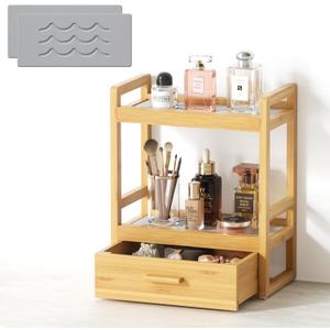 Bamboo Bathroom Countertop Organizer, 2 Tier Vanity Organizer with Drawer for Skincare & Makeup, Countertop Storage with Stone Drying Mat for Coffee Bar, Kitchen, Matcha Station, 13"L x 15.75H" x 7"W