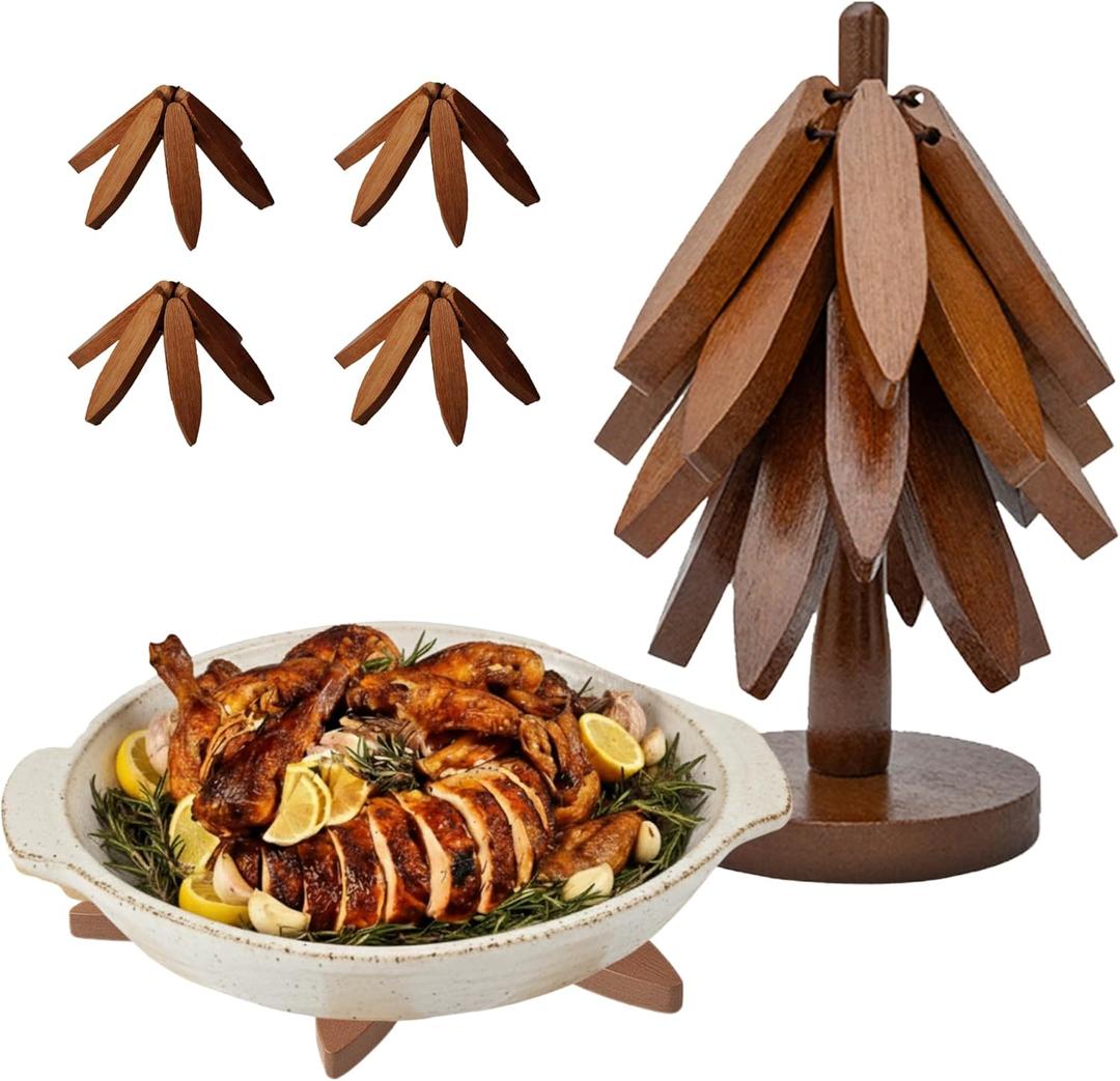 Wooden Trivets for Hot Dishes  Tree Trivet Set with 4 Foldable Wooden Trivets & 1 Stand, Heat-Resistant, Space-Saving Trivet Tree for Pots, Bowls & Teapots (Walnut)