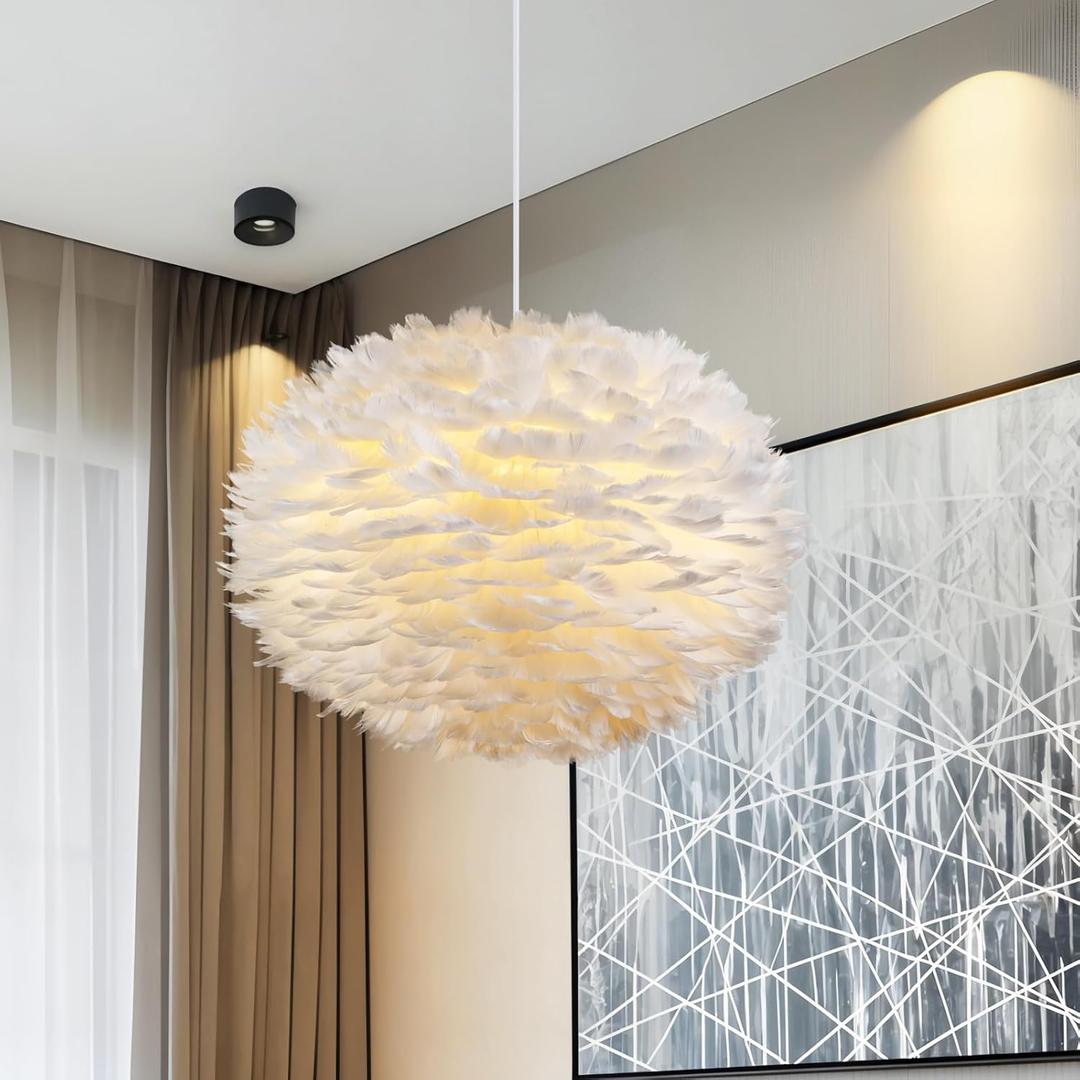 NZV Modern White Feather Chandelier for Bedroom 19.7in Girls Room White Pendant Light Modern Feathers Light Fixture Romantic Hanging Ceiling Lighting for Kitchen Island Dining Room Foyer Hallway