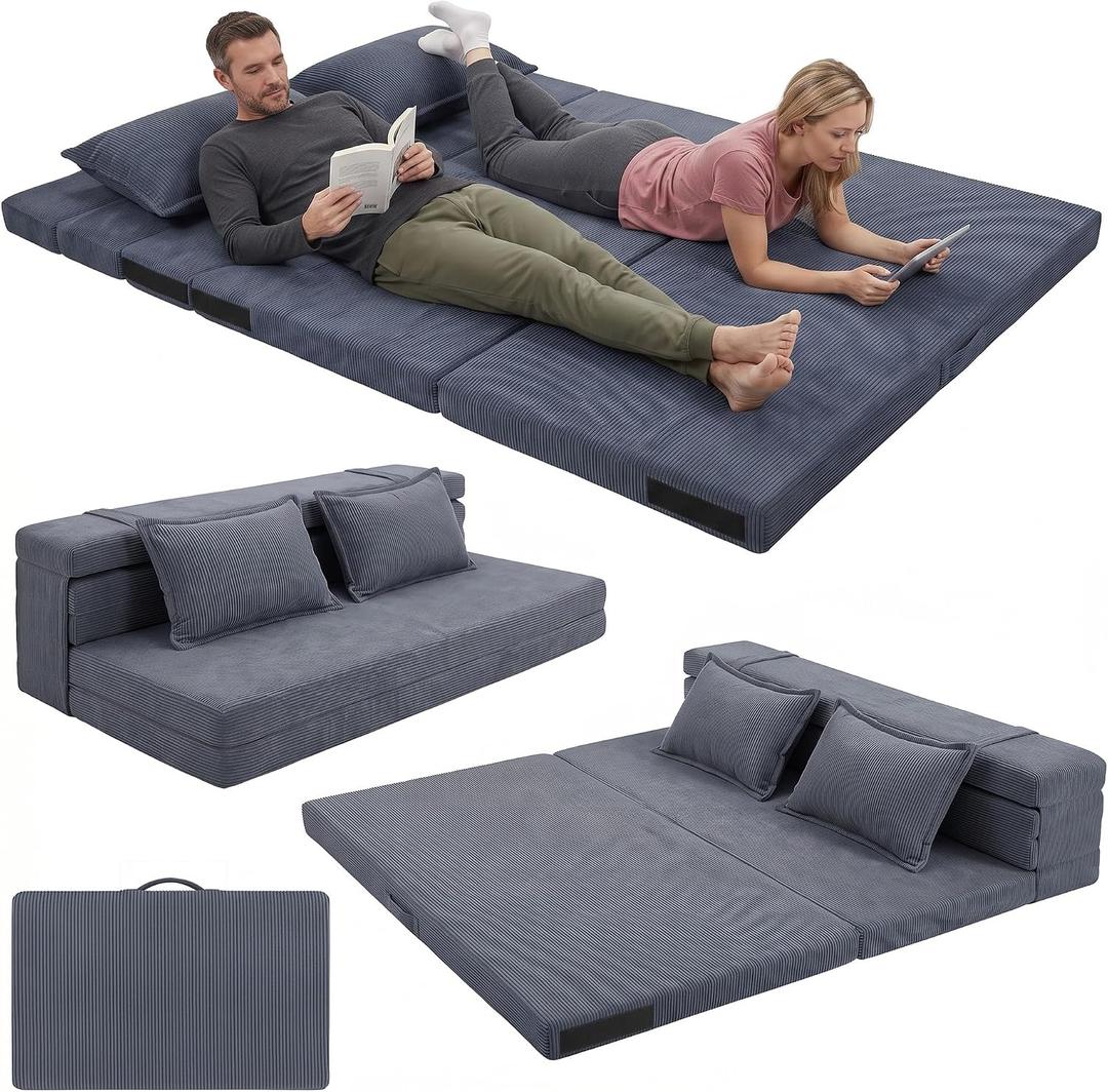 Anevna Tri-Fold Futon Mattress, Foldable Japanese Floor Sleep Mattress, High-Density Foam Tatami Bed Mat with Corduroy Cover, Floor Bed Mat for Couples, Guest Use (Charcoal Gray, Queen)