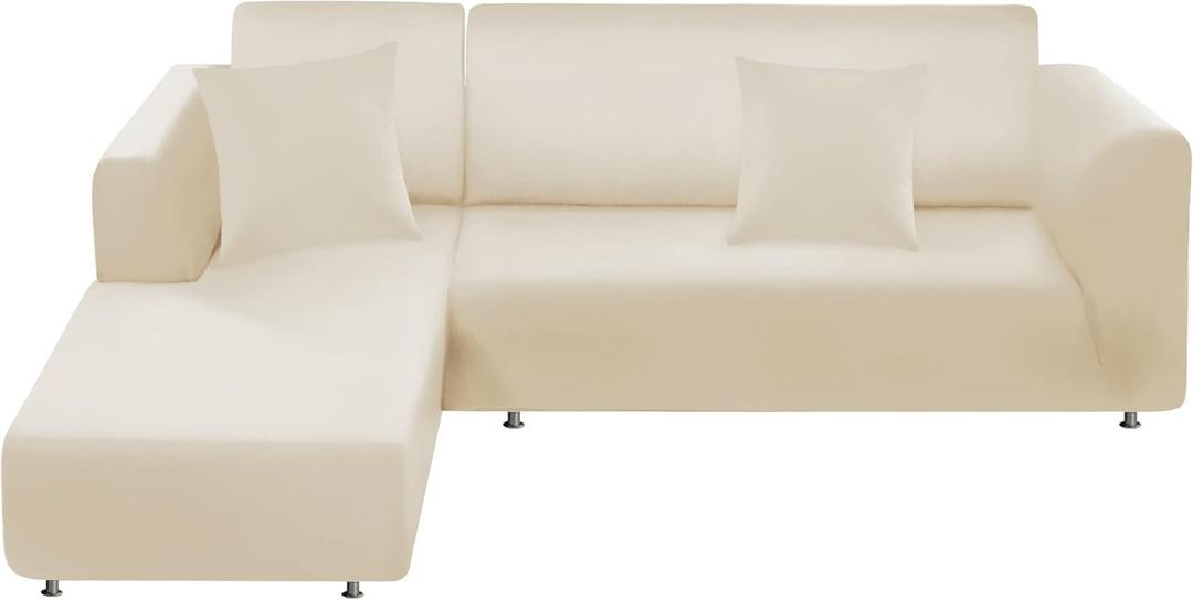 Couch Cover L Shape Sectional Sofa Cover 2-Piece Soft Stretch Sofa Slipcover Furniture Protector Couch Slipcover with 2Pcs Pillowcases (Sofa 3 Seater + 3 Seater, Milk White)
