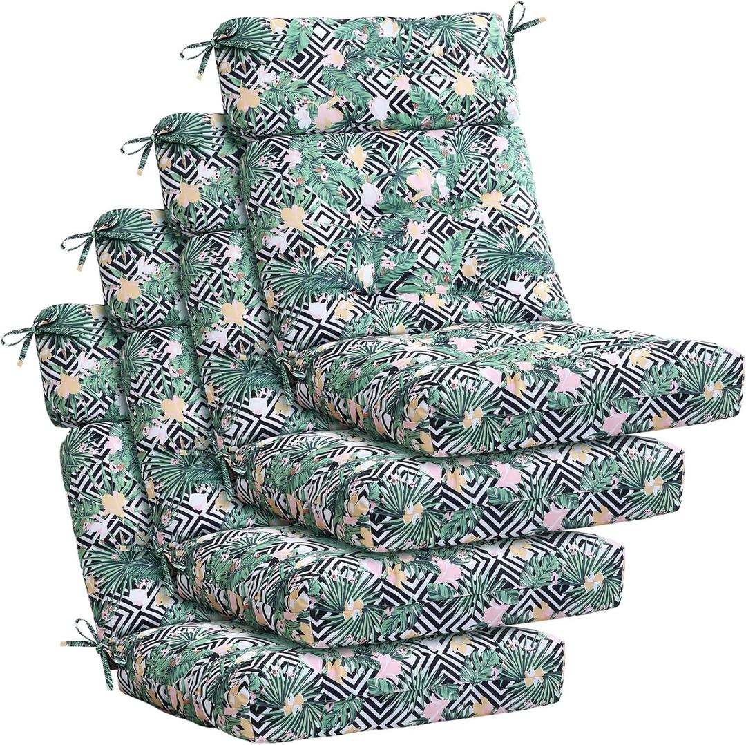 Barydat 4 Pcs Tufted High Back Chair Cushion Indoor Outdoor Seat and Back Cushions Palm Leaves Tropical Plants Lawn Rocking Chair Pads with Ties for Adirondack Patio Garden(Flower Style)