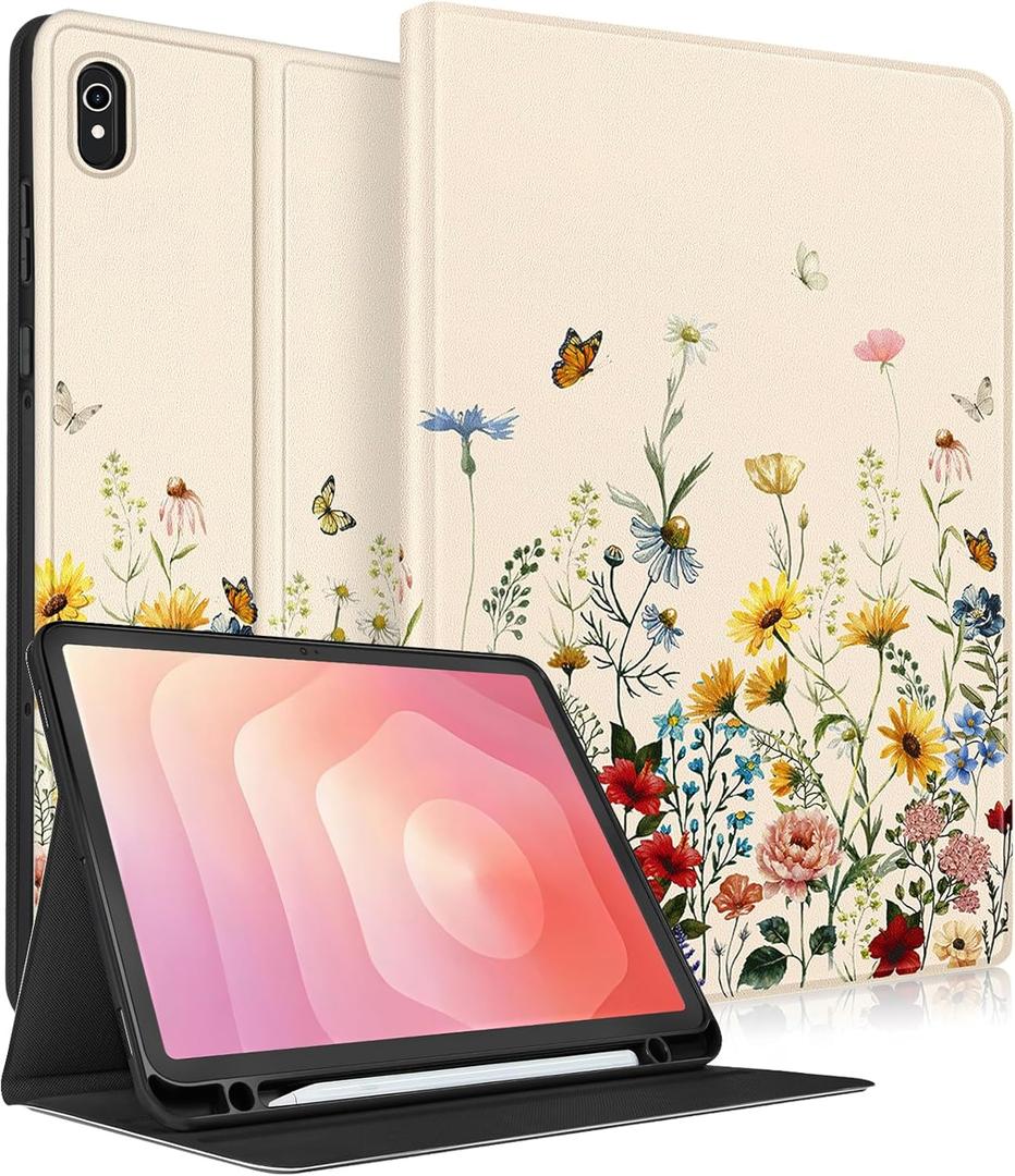 Wazzasoft for Samsung Galaxy Tab S11 Case - Smart Folio Cover with Build-in Pencil Holder Women Girls Cute Design for Samsung S11 Tablet Case 11 Inch (SM-X730/X736/X736B) Cover,Vintage Flowers (Aesthetic Vintage Floral)