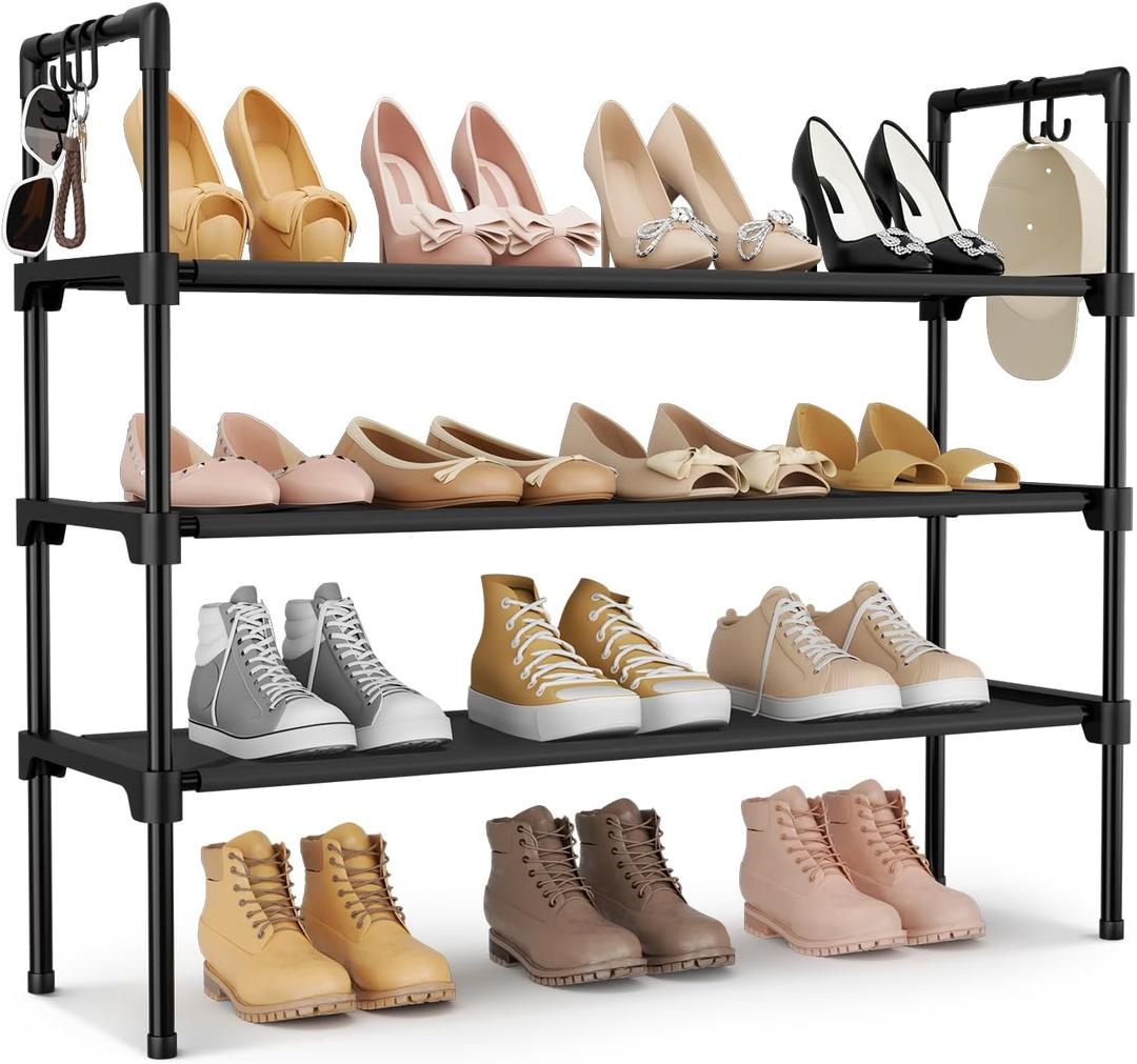 3 Tier Shoe Rack for Closet, Shoe Organizer with 5 Hooks, Long Shoe Shelf Storage for Sneaker and Boot Stackable Free Standing Shoe Rack for Entryway, Garage, Small Spaces, Dorm (Black)