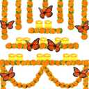 Riceshoot 20 Set Marigold Garland Decoration Day of The Dead Party Supply Include 9.8 ft Marigold Garland with Green Leaves 6 Pcs Butterfly 12 Pcs LED Candle Wedding Diwali Indian Halloween Christmas