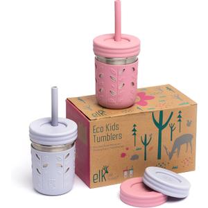 Elk and Friends 10oz Stainless Steel Kids + Toddler Drinking Cups | The Original Mason Jar with Sleeves + Lids | Silicone Straws | Smoothies | Storage Jar | Spill Resistant | Dishwasher Safe | 2 Pack (Plum/Lilac)