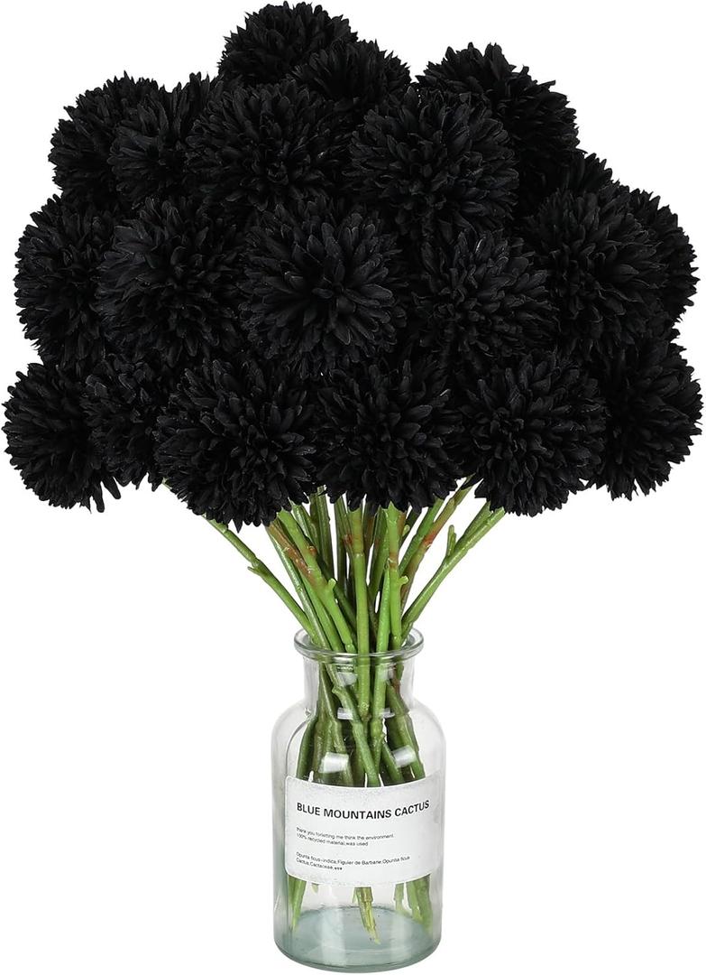 Xunyee 30 Pcs Halloween Artificial Black Flowers with Stems 2.76'' Large Black Faux Flowers Plants Faux Silk Chrysanthemum Ball Hydrangea Arrangements for Wedding Bouquet Floral Centerpiece Decoration