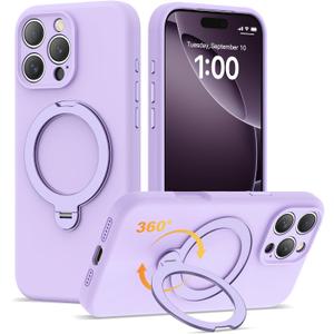 Compatible with iPhone 16 Pro Max Case 6.9'' with 360 Spin Magnetic Ring Stand[Compatible with Mag-Safe] Soft Liquid Silicone 16 Pro Max Case for Men Women, Light Puple