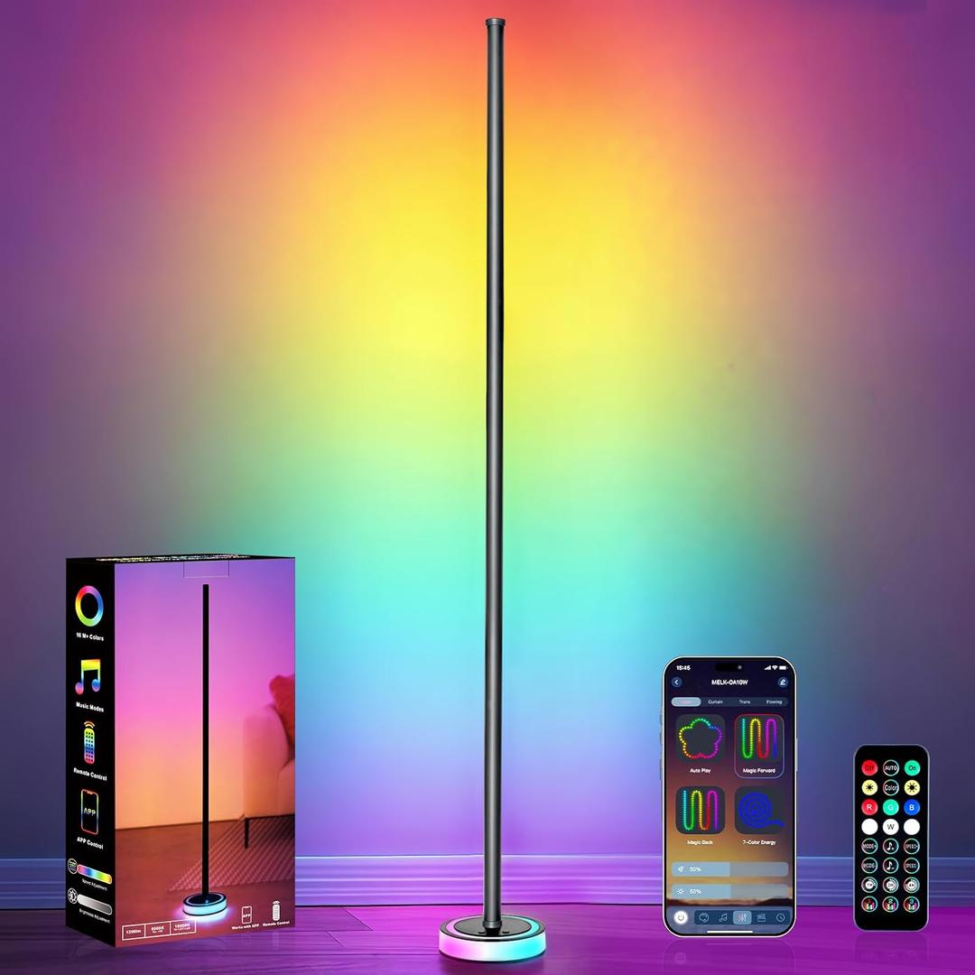 Smart Corner Floor Lamp, RGBICW LED Standing Lamp with App Control, 16 Million Colors with Music Sync, Dimmable Ambient Light for Bedroom, Living Room, Home Decor (Black)