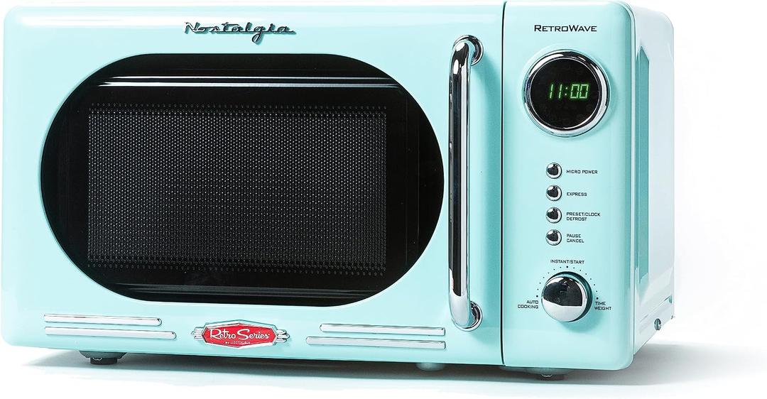 Nostalgia Countertop Microwave Oven with Easy Clean Interior - Retro Microwave with LED Display & Child Lock- Compact 0.7 Cu. Ft. Oven With 12 Pre-Programmed Settings for Quick Cooking- 700-Watts-Aqua