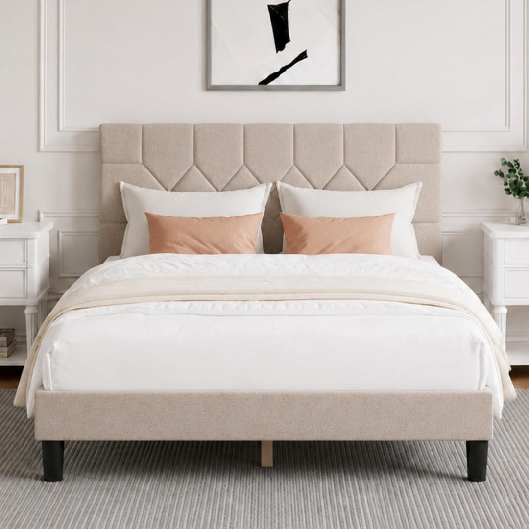 Novilla Queen Bed Frame with Headboard, Bed Frame Queen Size with Wood Slats Support, Linen Upholstered Pull-Point Headboard, No Box Spring Needed, Metal Support Heavy Duty Feet, Easy Assembly, Beige