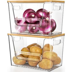Delamu 2 Set Pantry Organizers and Storage, Trash Bag Holder Under Sink Organizer for 4-13 Gal Bags, Trash Bag Dispenser with Bamboo Top for Onion, Potato, Garlic, Clear (11-7/32"L*7" W*7-1/8"H)