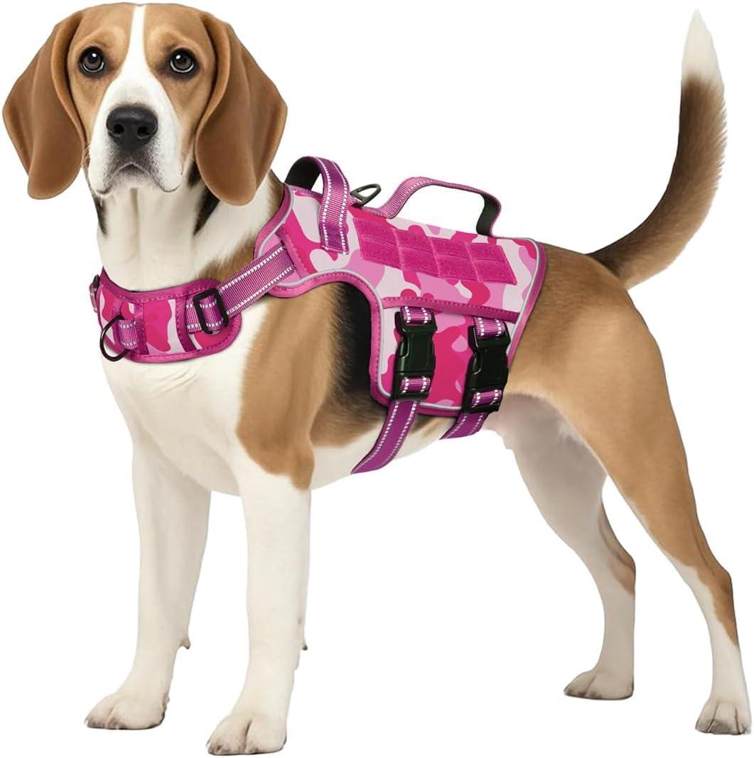 Tactical Dog Harness Medium Sized, Heavy Duty No Pull Dog Harness with Handle, Easy On and Off Service Dog Vest with Molle System, Reflective Pet Vest for Walking Hiking Training (M(Neck:17-23",Chest:22-32"),35-50 lbs, Pink Camo)