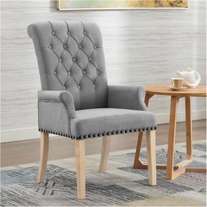 Upholstered Fabric Accent Dining Chair, Elegant Tufted Club Dining Room Kitchen Room Arm Dining Chair, Light Grey (2PCS)