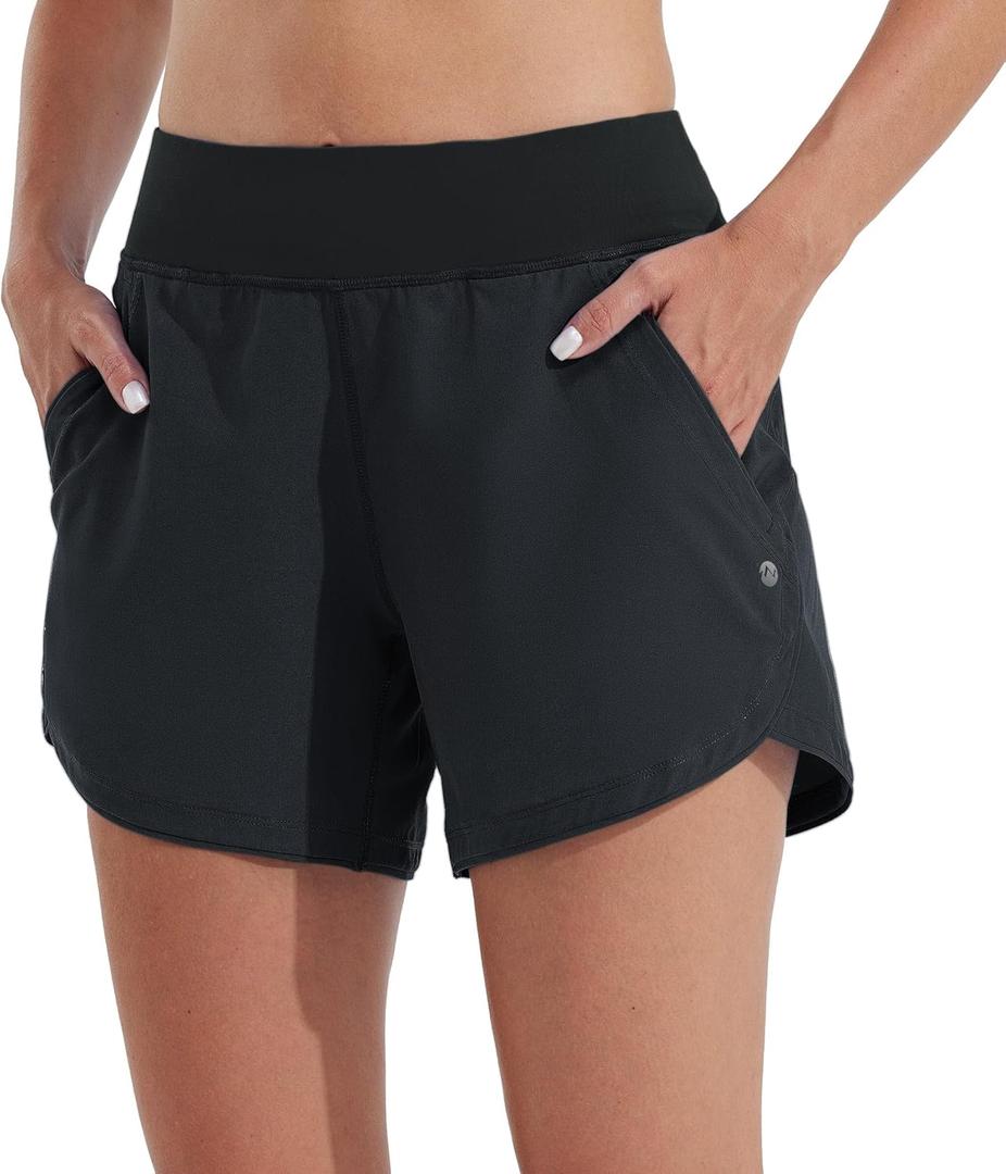Willit Women's 5" Swim Board Shorts Quick Dry Beach Swimming Shorts UPF 50+ High Waisted Liner Pockets (16, Black)