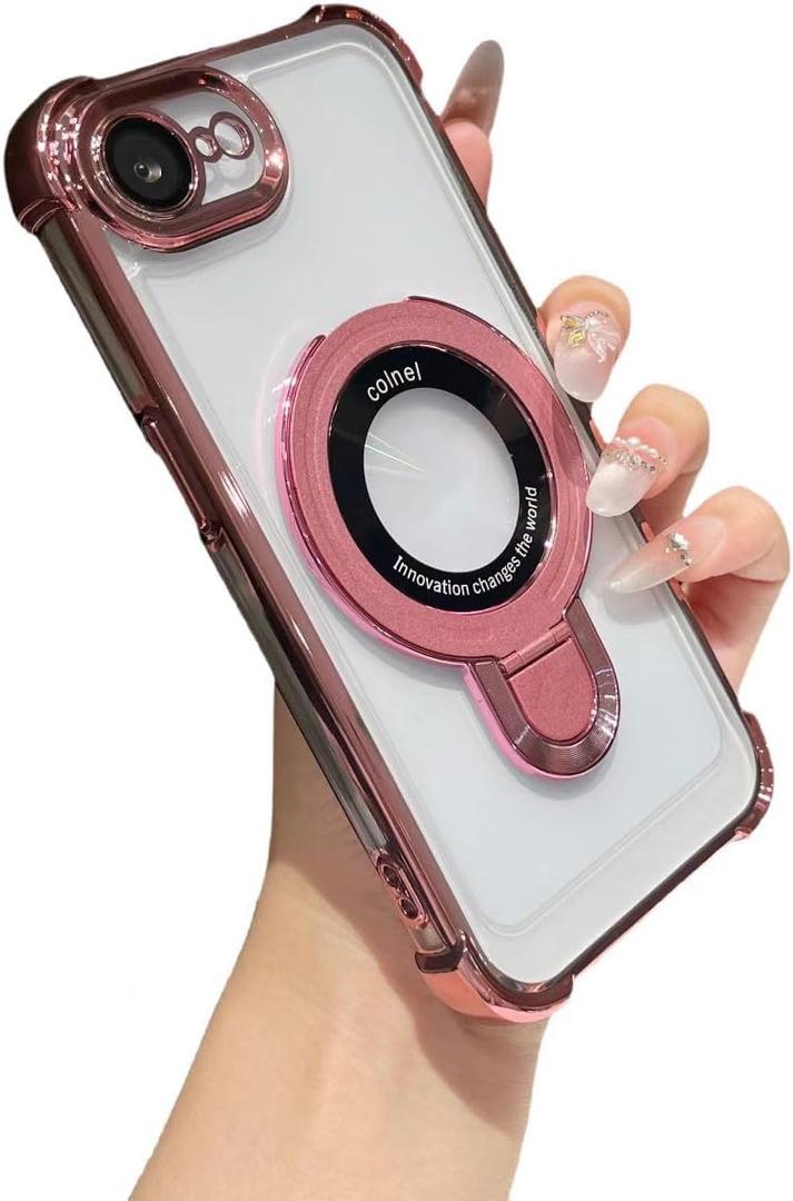 Clear case for Phone 16E with Full Camera Lens Protection(Compatible with Mag-Safe),Military Shockproof Electroplate Bumper Slim Cover Built-in Invisible Ring Stand-Pink
