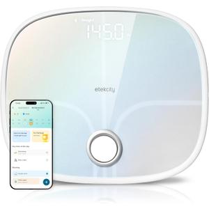 Etekcity Smart Rechargeable Scale for Body Weight, BMI, Fat, Muscle Mass, FSA&HSA Eligible, Digital Bathroom Scale with 13 Metrics, Secret Mode, Bluetooth Connect to Free Apps, Rainbow White (13.4 x 11.5 x 1.1 inches)