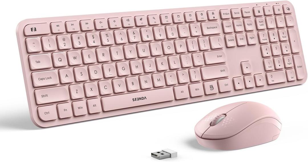 Wireless Keyboard and Mouse Combo - seenda Full Size 2.4G USB Wireless Keyboard Mouse Set, Quiet Cordless Computer Keyboard Mouse for Windows, Laptop, PC - Pink
