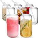 NETANY [ 8pcs Set ] Drinking Glasses with Glass Straw - 16oz Glass Cups, Beer Glasses, Iced Coffee Glasses, Cute Tumbler Cup, Ideal for Whiskey, Soda, Tea, Water, Gift - 2 Cleaning Brushes