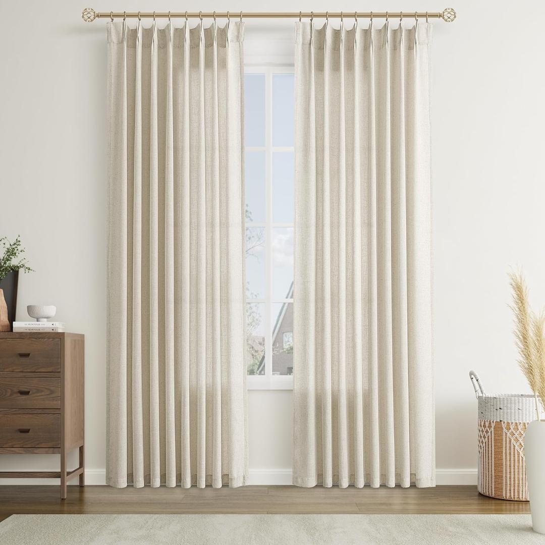 Joywell Linen Pinch Pleated Curtains 90 Inches Long, Back Tab Clip Rings Window Semi Sheer Light Filtering Boho Lightweight Drapes with Hooks for Bedroom Living Room, W50 x L90, 2 Panels Set (50"W x 90"L (Pack of 2))