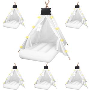 6 Pcs Kids Teepee Tent Bulk with Light String Inflatable Airbed Bedding Fitted Sheet and Markeable Small Blackboards for Boys Girls Indoor Outdoor Slumber Party (White)