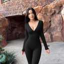 OQQ Women Jumpsuits Long Sleeve Deep V Neck Ruched Flared Jumpsuit (Small, Black)