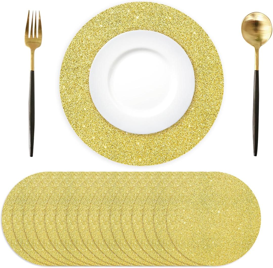 50PCS Gold Paper Placemats Disposable 13.4 Inch Shiny Golden Place Mats Round Decorative Glitter Table Mats for Birthday Wedding Holiday Party Supplies Sparkle Dining Tableware