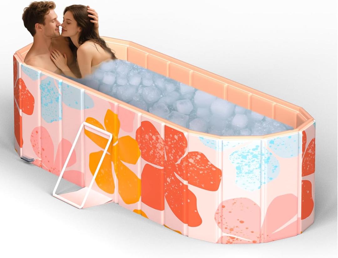47'' Portable Insulated Bathtub for Adults, Extra-Large Ice Bath Tub for Athletes with 5-Layer Thermal Structure, No-Inflation Folding Bathtub with Cover, Baths at Home & Outdoor, Fast Drain (Pink)