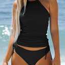 Women's Bathing Suit Solid Color Drawstring Side Halter Neck Tankini Set, Solid Black, S