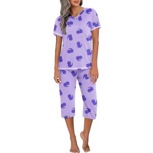 Ekouaer Capri Pajama Sets for Women Short Sleeve Tops Sleepwear Sleep Sets Pjs Sets Soft Two Piece Loungewear Sets, XL