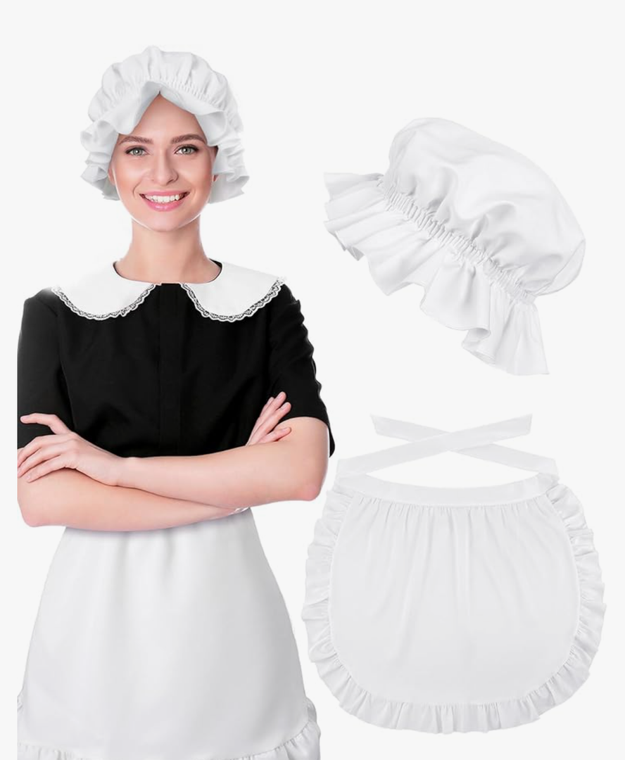 Newcotte 2 Pieces Women Colonial Costume Accessory Set Include White Mob Cap Bonnet Cotton Half Apron for Maid Girl Cosplay M
