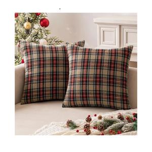 Christmas Set of 2 Scottish Tartan Plaid Throw Pillow Covers Farmhouse Classic Decorative Outdoor Square Cushion Cases for Decor Sofa Couch 18x18 Inch, Khaki